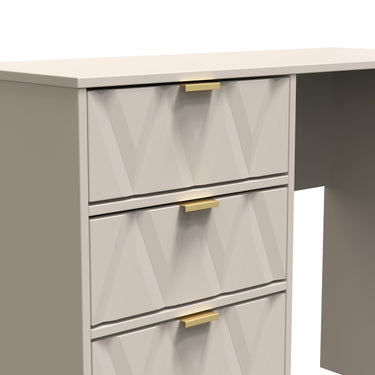 Diamond 4 Drawer Desk in Kashmir Matt with gold hairpin legs, close-up of the patterned drawer fronts