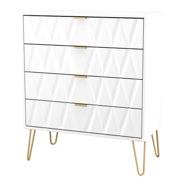 Diamond 4 Drawer Wide Chest of Drawers in White Matt with gold hairpin legs, angled view