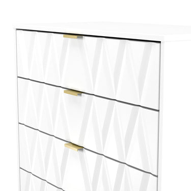 Diamond 4 Drawer Wide Chest of Drawers in White Matt with gold hairpin legs, close-up of the patterned drawer fronts