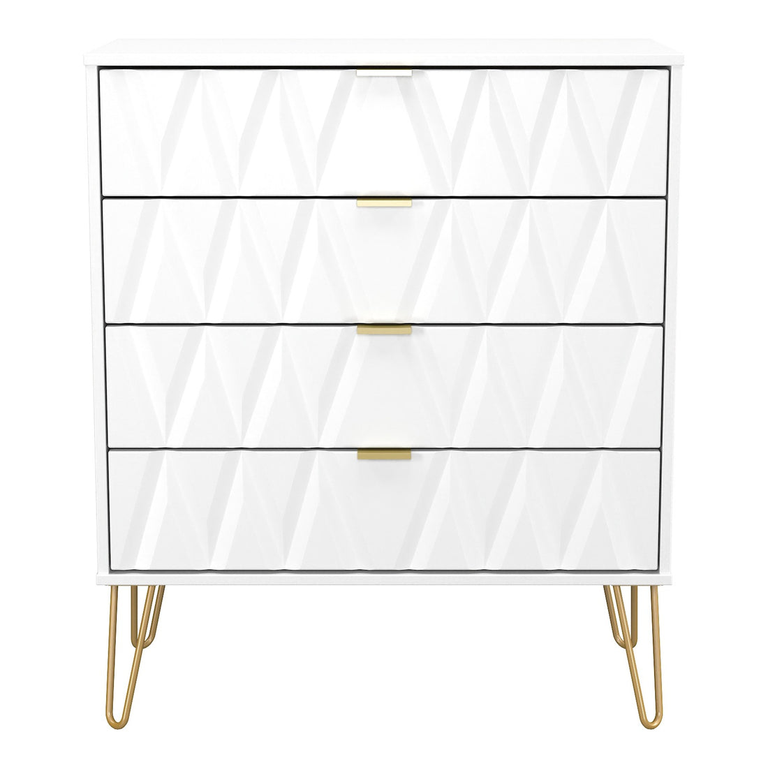 Diamond 4 Drawer Wide Chest of Drawers in White Matt with gold hairpin legs, front view