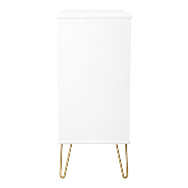 Diamond 4 Drawer Wide Chest of Drawers in White Matt with gold hairpin legs, side view