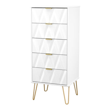 Diamond 5 Drawer Narrow Chest of Drawers in White Matt with gold hairpin legs, angled view
