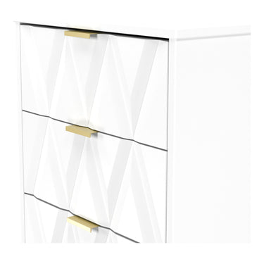 Diamond 5 Drawer Narrow Chest of Drawers in White Matt with gold hairpin legs, close-up of the patterned drawer fronts