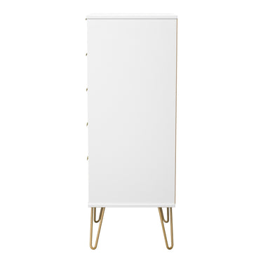 Diamond 5 Drawer Narrow Chest of Drawers in White Matt with gold hairpin legs, side view