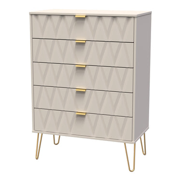 Diamond 5 Drawer Wide Chest of Drawers in Kashmir Matt with gold hairpin legs, angled view