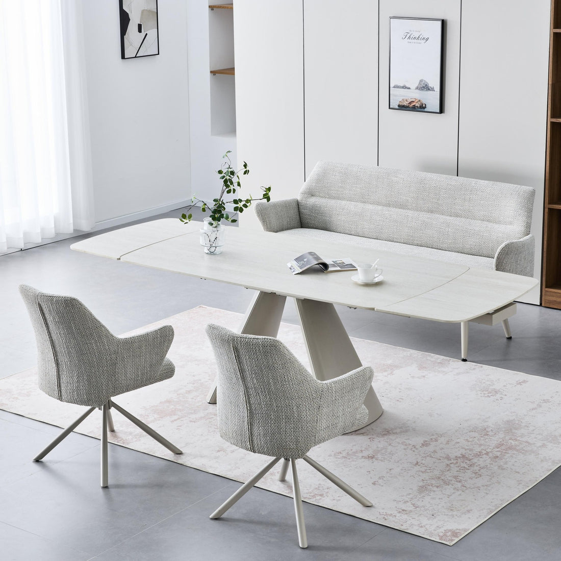 Gianna 2.4m Extending Ivory Travertine Effect Dining Table & 2 Monza Grey Swivel Chairs & Bench Dining Set – complete dining set