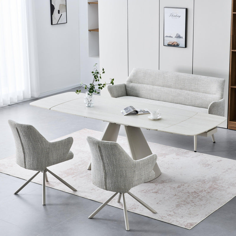 Gianna 2.4m Extending Ivory Travertine Effect Dining Table & 2 Monza Grey Swivel Chairs & Bench Dining Set