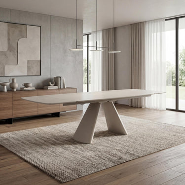 Gianna 2.4m Extending Ivory Travertine Effect Dining Table – styled in a dining room