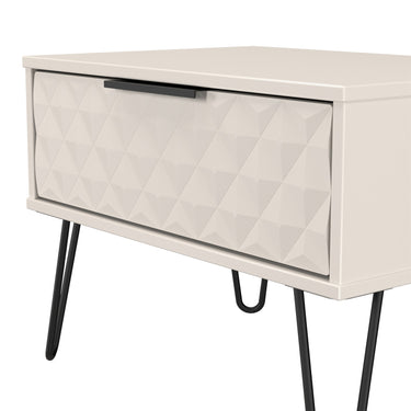 Harlequin 1 Drawer Wide Bedside Cabinet in Kashmir Matt, close-up of the diamond-pattern drawer fronts