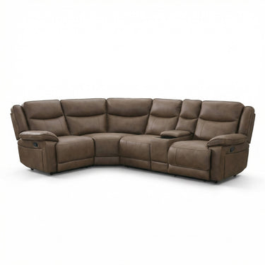 Brown fabric corner sofa with two manual recliners and cushioned seating featuring a center console on white background