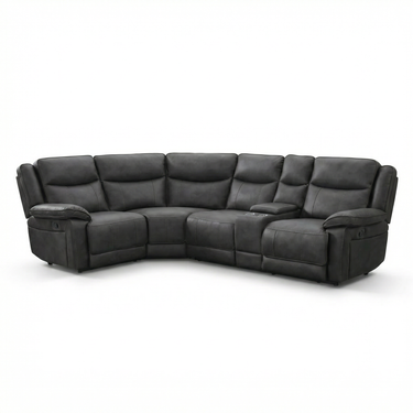 Dark gray fabric corner sofa with two manual recliners and cushioned seating on white background
