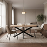 Sadina oval dining set with oak-effect table, black starburst base and four biscuit chairs in a panelled dining room