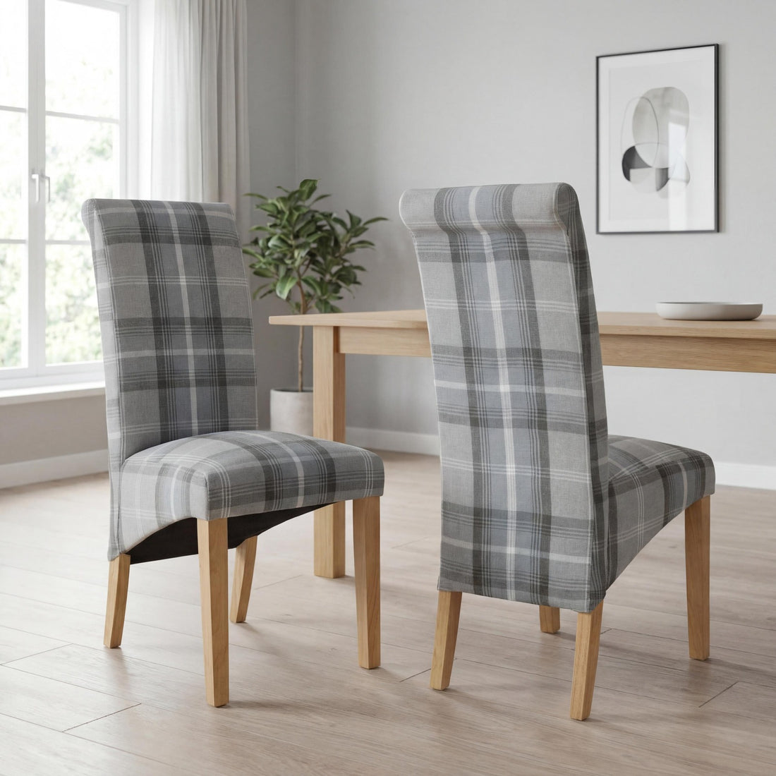 Karta Scroll Back Check Dining Chair - Grey – styled in a dining room