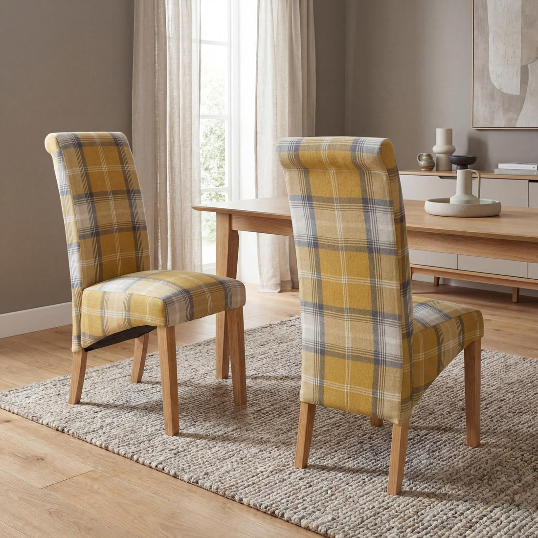 Karta Scroll Back Check Dining Chair - Yellow – styled in a dining room