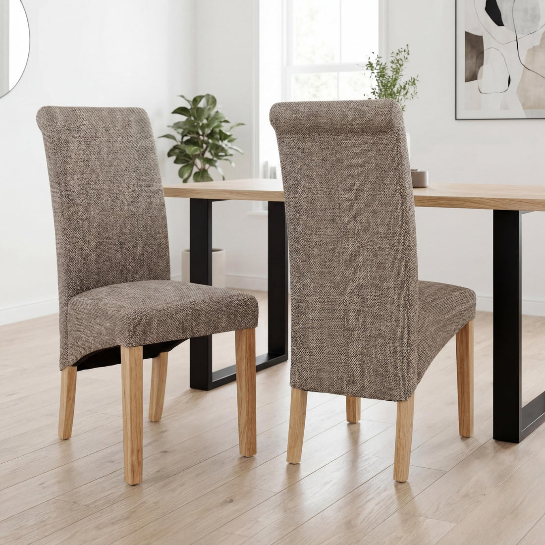 Karta Scroll Back Tweed Dining Chair - Oatmeal – styled in a dining room