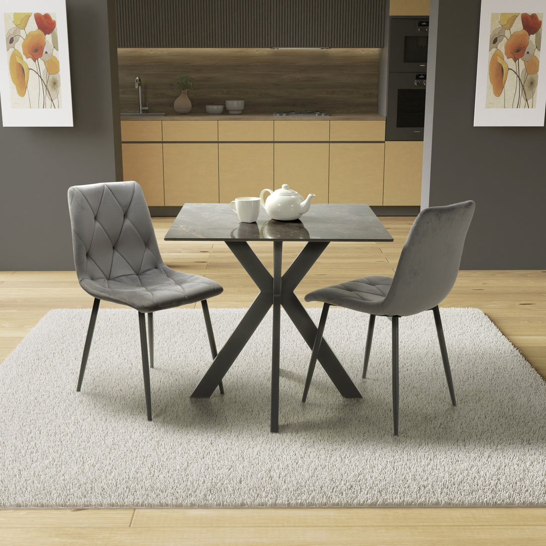 Kyoto 80cm Square Ceramic Grey Marble Dining Table & 2 Vernon Grey Velvet Chairs Dining Set – complete dining set