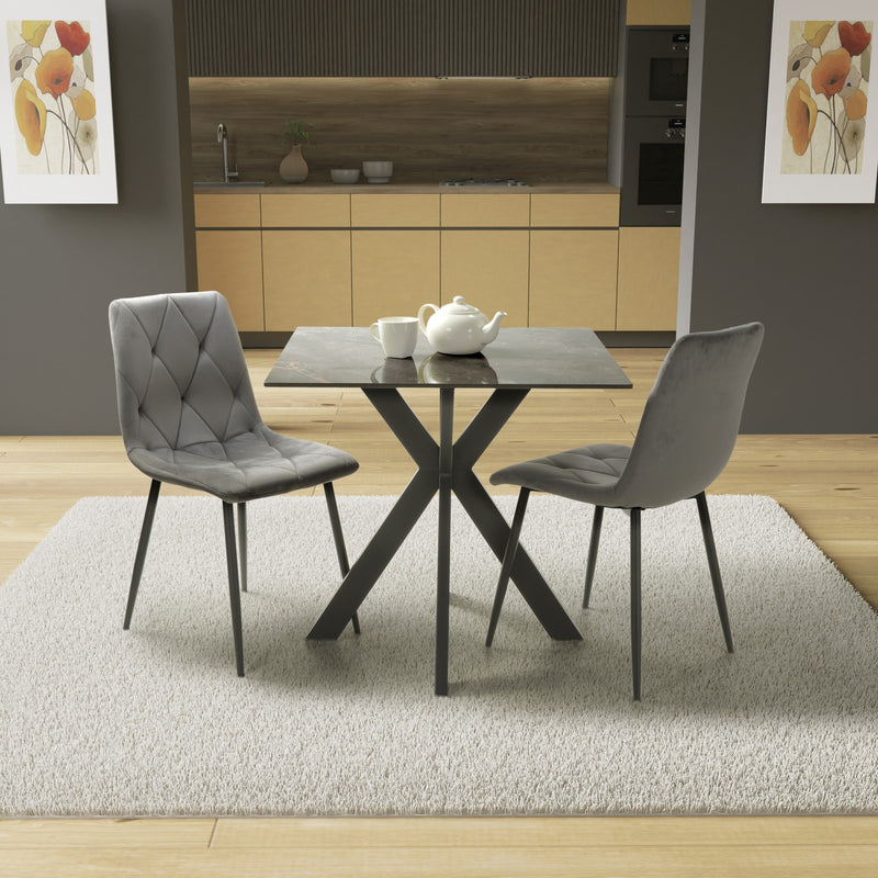 Kyoto 80cm Square Ceramic Grey Marble Dining Table & 2 Vernon Grey Velvet Chairs Dining Set