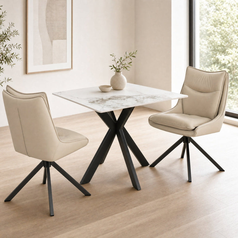 Kyoto 80cm Square Ceramic White Marble Dining Table & 2 Vienna Stone Swivel Chairs Dining Set