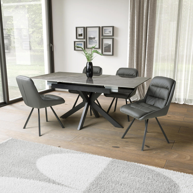 Kyoto Centre Rise 140-180cm Extending Grey Marble Dining Table & 4 Denham Grey Swivel Chairs Dining Set
