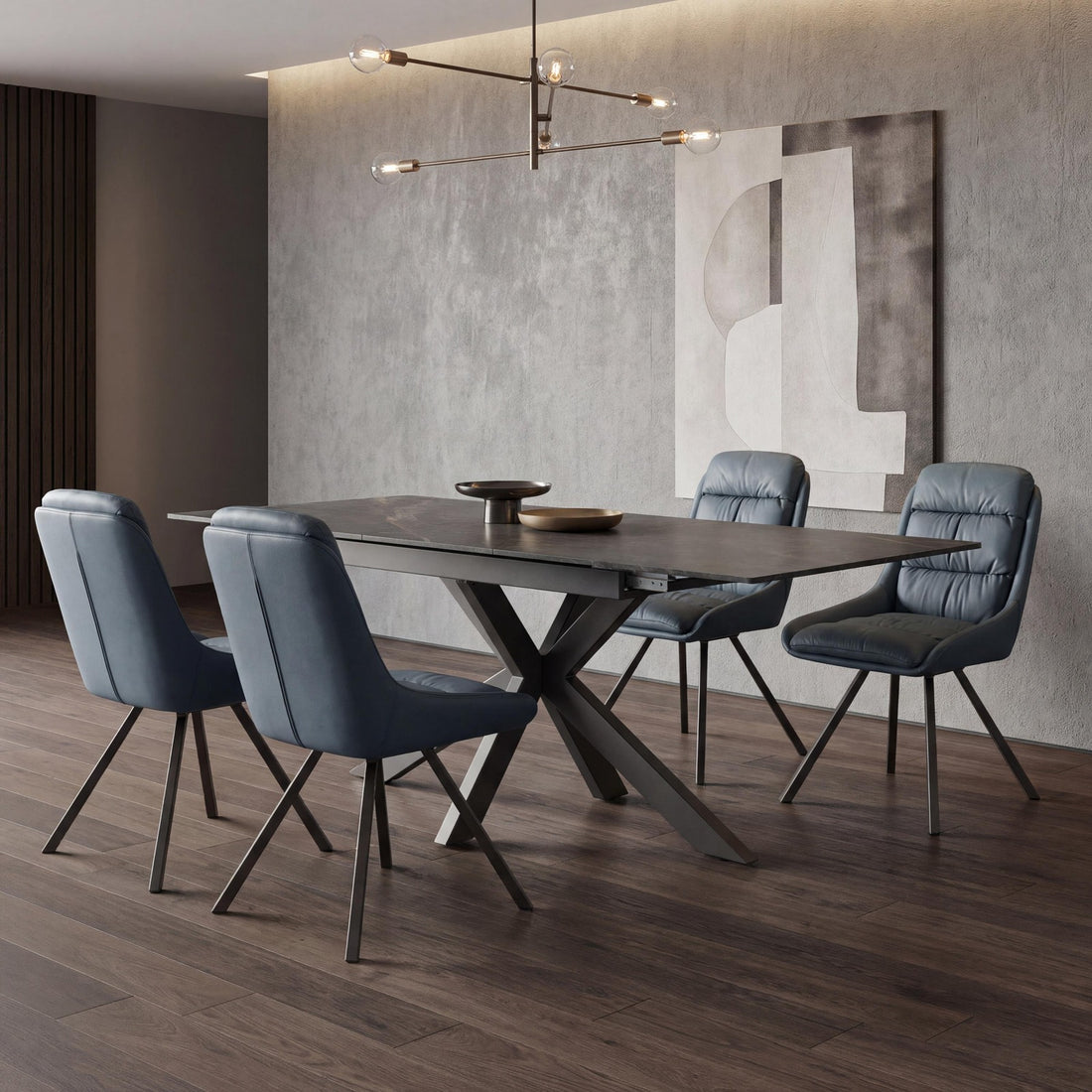 Kyoto Centre Rise 140-180cm Extending Grey Marble Dining Table & 4 Denham Midnight Blue Swivel Chairs Dining Set – complete dining set
