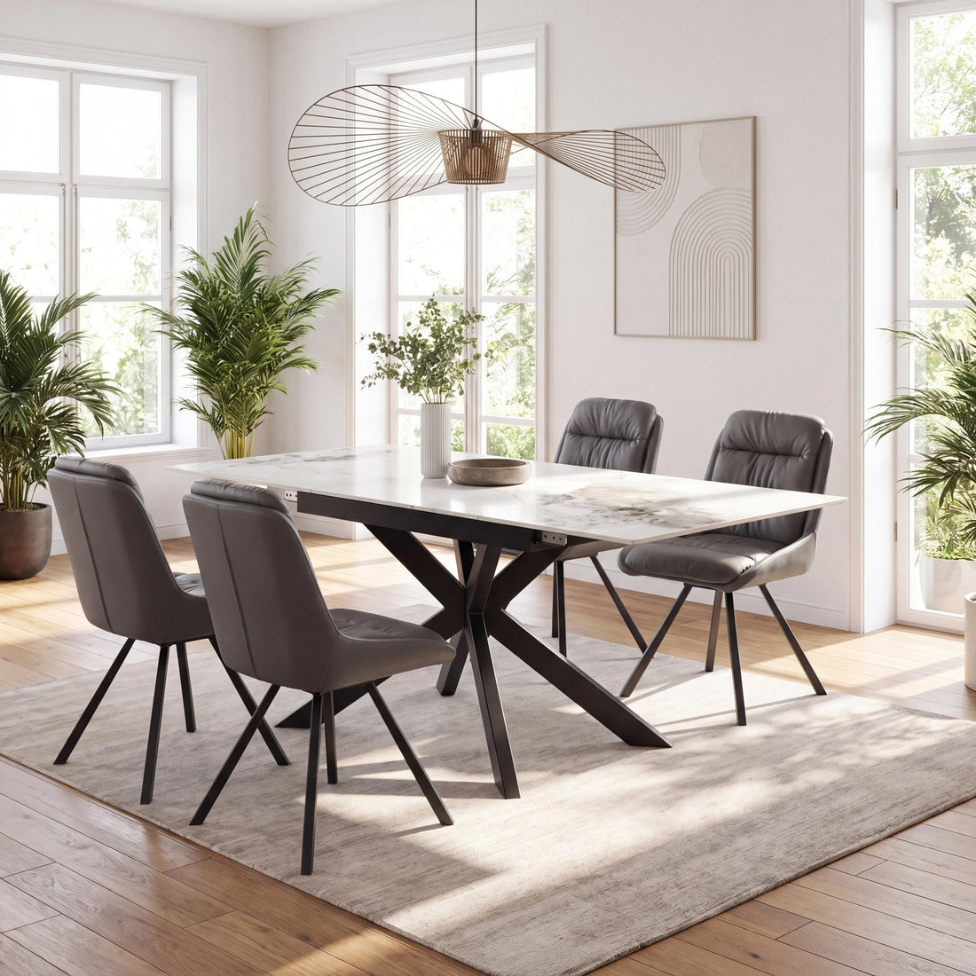 Kyoto Centre Rise 140-180cm Extending White Marble Dining Table & 4 Denham Grey Swivel Chairs Dining Set – complete dining set