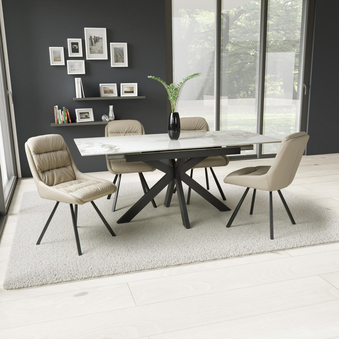 Kyoto Centre Rise 140-180cm Extending White Marble Dining Table & 4 Denham Mink Swivel Chairs Dining Set – complete dining set