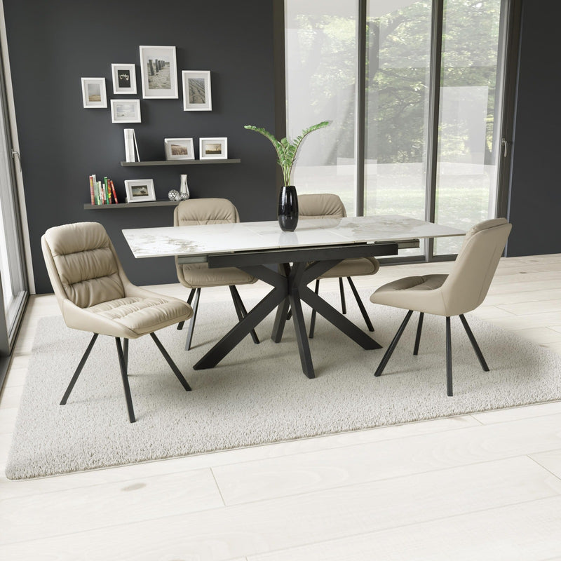 Kyoto Centre Rise 140-180cm Extending White Marble Dining Table & 4 Denham Mink Swivel Chairs Dining Set
