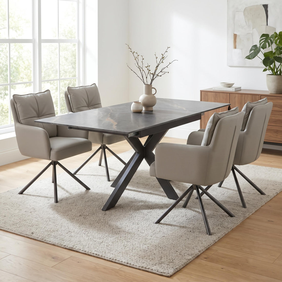 Kyoto Centre Rise 140-180cm Extending White Marble Dining Table & 4 Lucan Latte Chairs Dining Set – complete dining set
