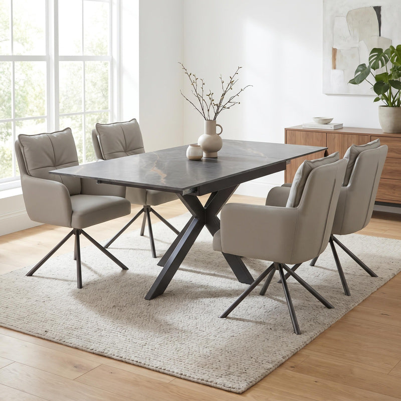 Kyoto Centre Rise 140-180cm Extending White Marble Dining Table & 4 Lucan Latte Chairs Dining Set