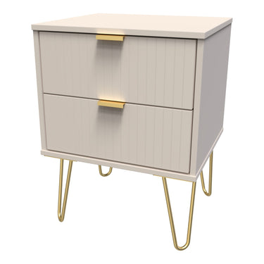 Linear 2 Drawer Bedside Cabinet in Kashmir Matt with gold hairpin legs, angled view
