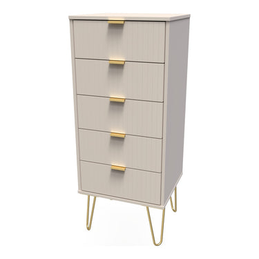 Linear 5 Drawer Narrow Chest of Drawers in Kashmir Matt with gold hairpin legs, angled view