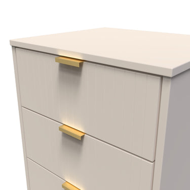 Linear 5 Drawer Narrow Chest of Drawers in Kashmir Matt with gold hairpin legs, close-up of the patterned drawer fronts