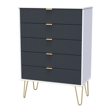 Linear 5 Drawer Wide Chest of Drawers in Indigo & White Matt, angled view