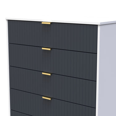 Linear 5 Drawer Wide Chest of Drawers in Indigo & White Matt, close-up of the patterned drawer fronts