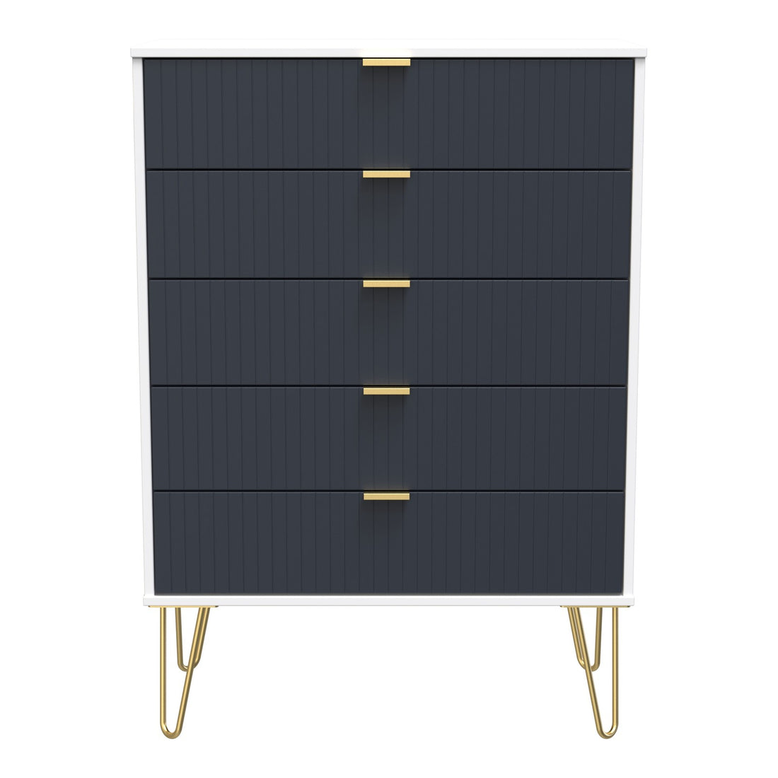 Linear 5 Drawer Wide Chest of Drawers in Indigo & White Matt, front view