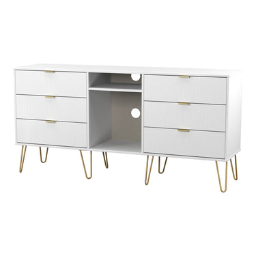 Linear 6 Drawer Wide Sideboard in White Matt, angled view