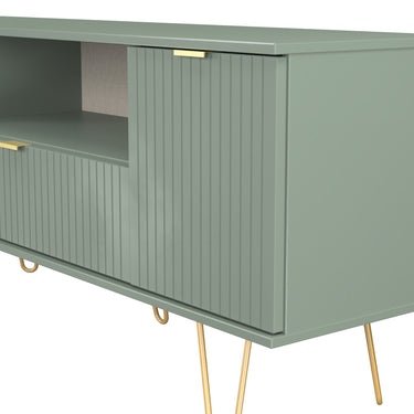Linear Wide TV Unit in Reed Green, close-up of the patterned drawer fronts