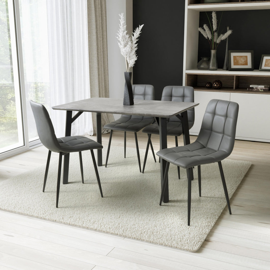 Lorne 1.2m Grey Concrete Effect Dining Table & 4 Madison Grey Leather Effect Chairs Dining Set – complete dining set