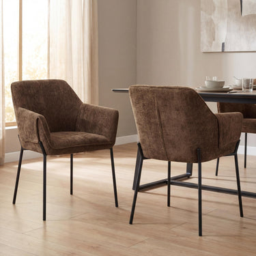 Milo Chenille Effect Dining Armchair - Brown – styled in a dining room
