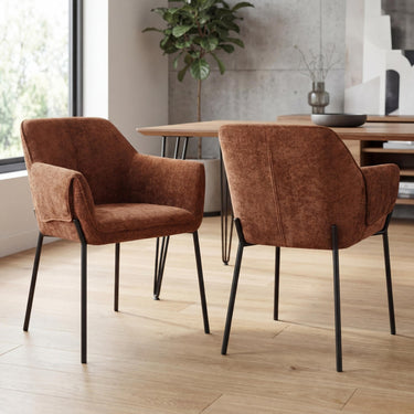 Milo Chenille Effect Dining Armchair - Burnt Orange – styled in a dining room