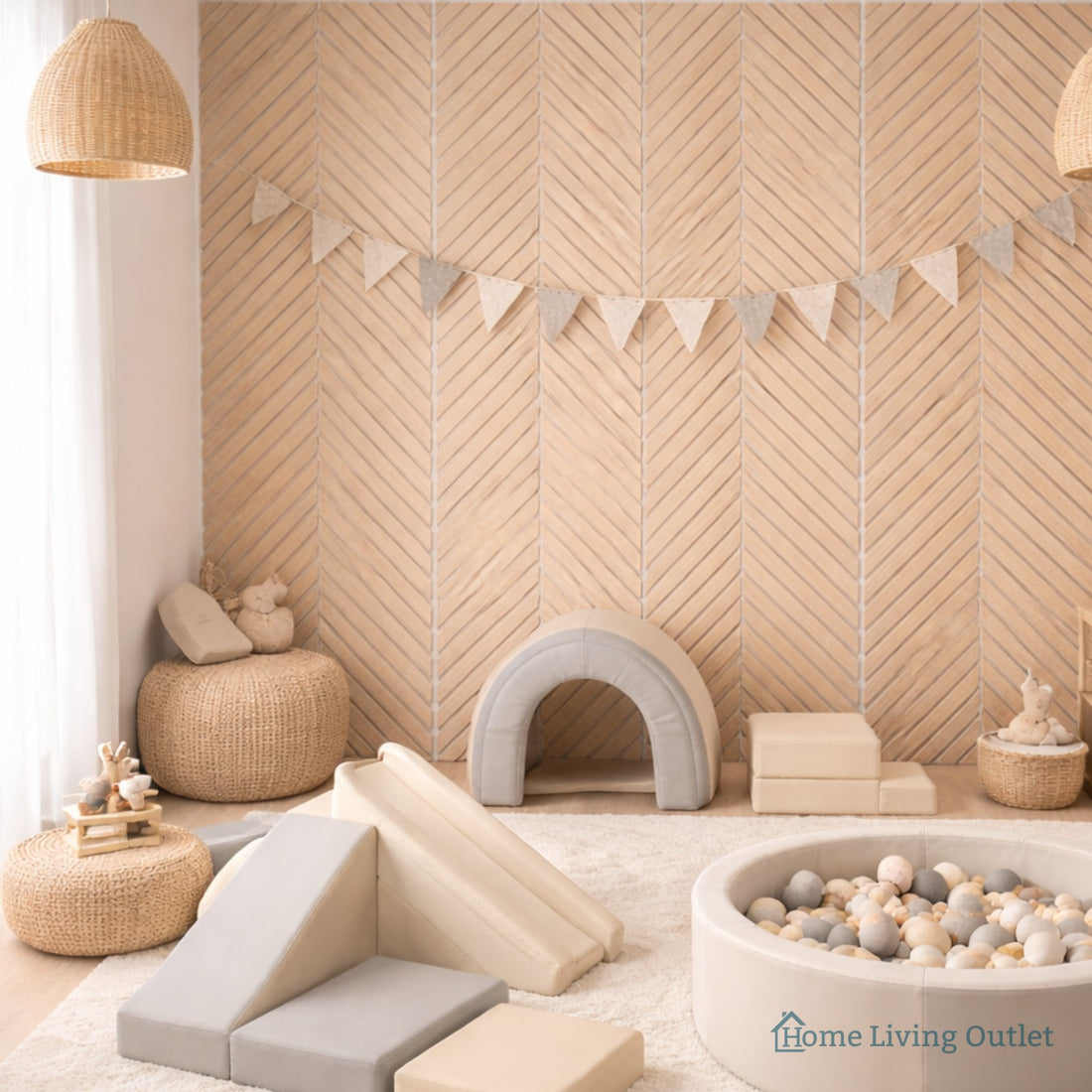 Neutral Collection - Acoustic Wall Panels - Oak on Grey Felt - Chevron - 240cm x 30cm (2 Pack)