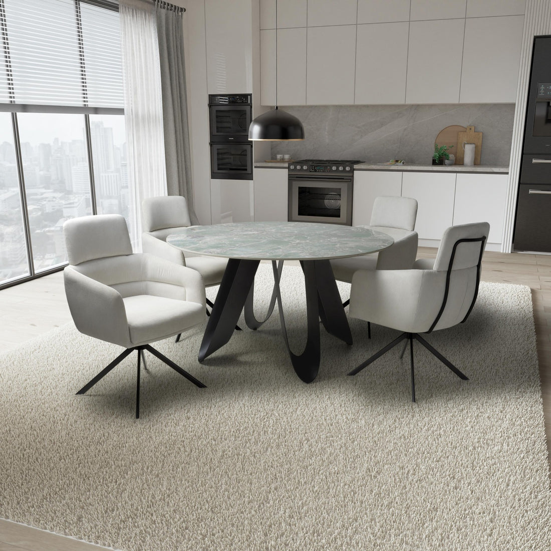 Oriel 135cm Round Green Dining Table & 4 Polaris White Corduroy Swivel Chairs Dining Set – complete dining set