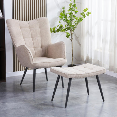 Pascal Boucle Armchair & Footstool - Light Brown – styled in a living room