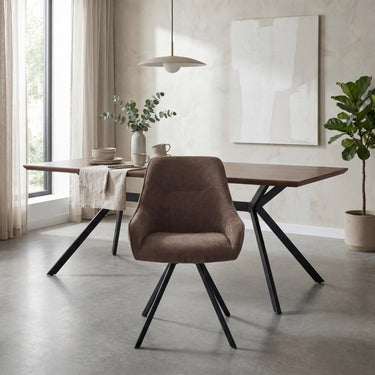 Renzo Fabric Swivel Dining Chair - Brown – styled in a dining room