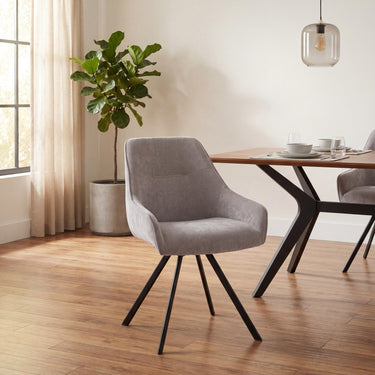 Renzo Fabric Swivel Dining Chair - Dark Oatmeal – styled in a dining room