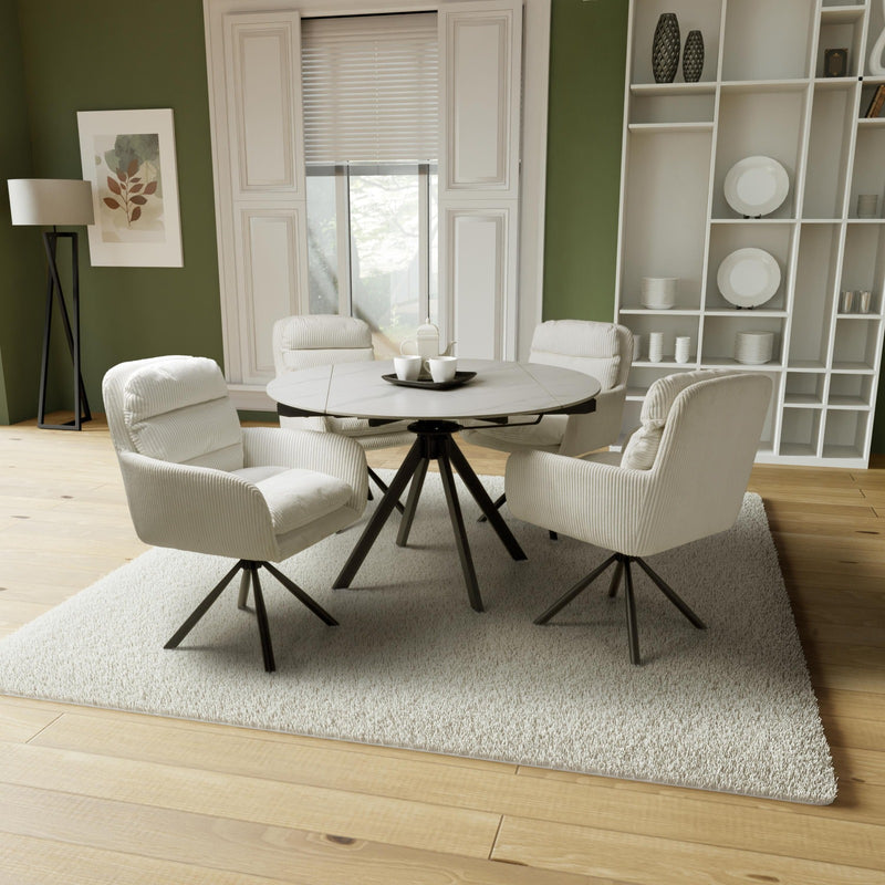 Rotazi Rotating Round White Extending Dining Table & 4 Cassie White Corduroy Swivel Chairs Dining Set
