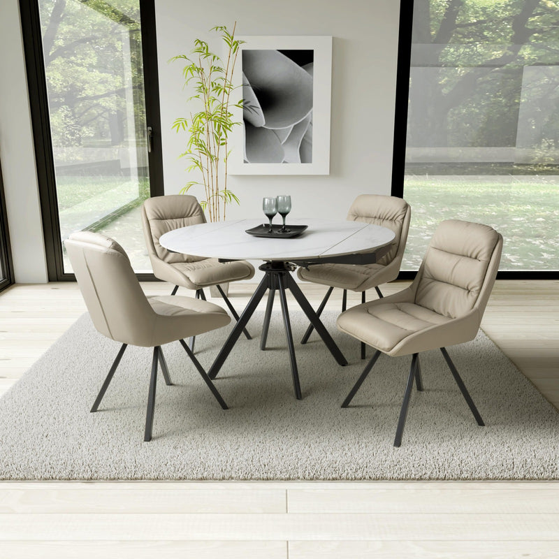 Rotazi Rotating Round White Extending Dining Table & 4 Denham Mink Swivel Chairs Dining Set