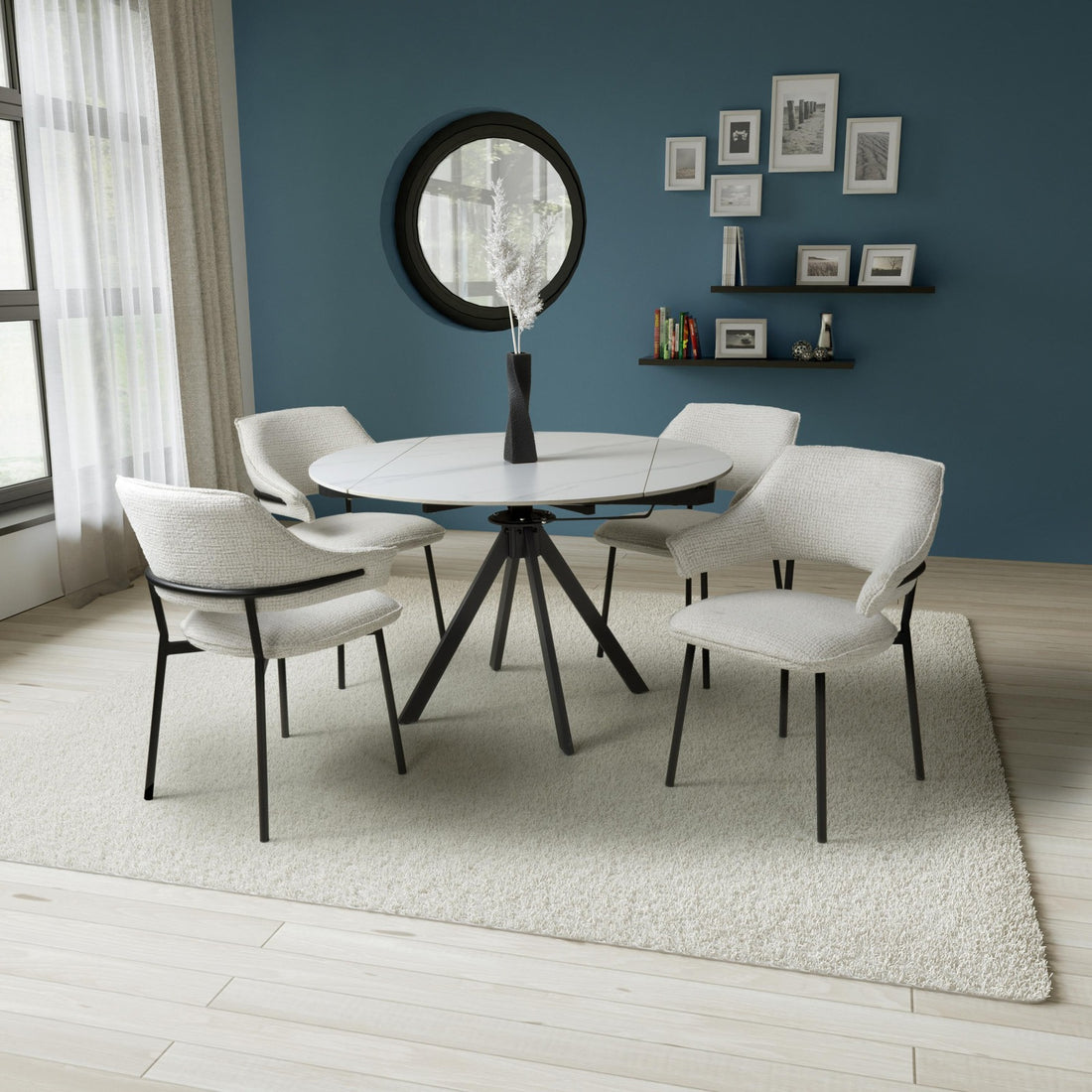 Rotazi Rotating Round White Extending Dining Table & 4 Genoa Natural Chairs Dining Set – complete dining set