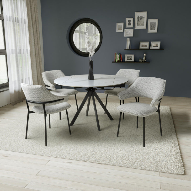 Rotazi Rotating Round White Extending Dining Table & 4 Genoa Smoke Grey Chairs Dining Set
