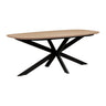 Sadina 200cm oval dining table in oak effect with black crossed metal starburst base, angled view on white